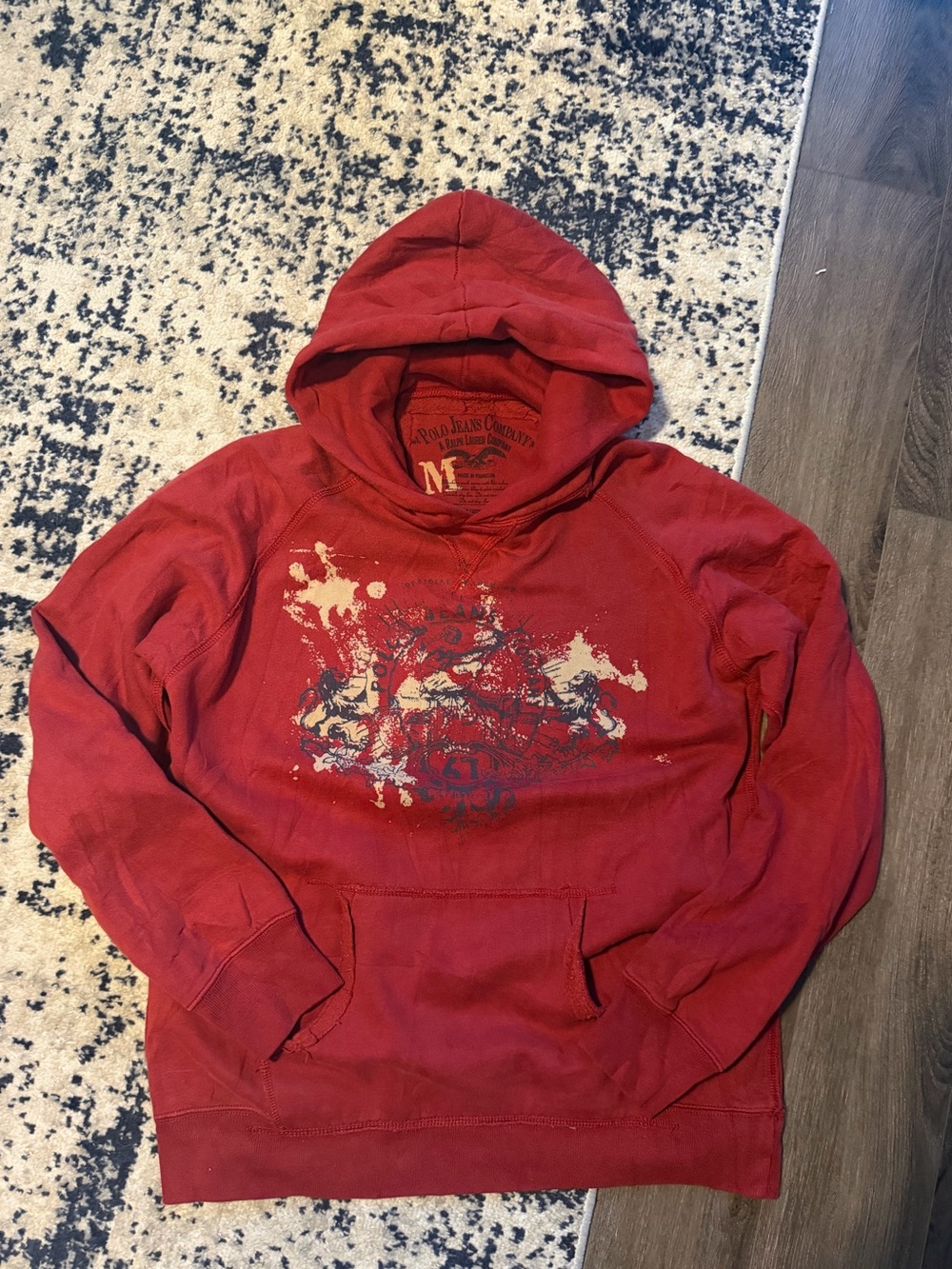 RARE VINTAGE POLO JEANS COMPANY Men's Red Graphic Hoodie Sweatshirt